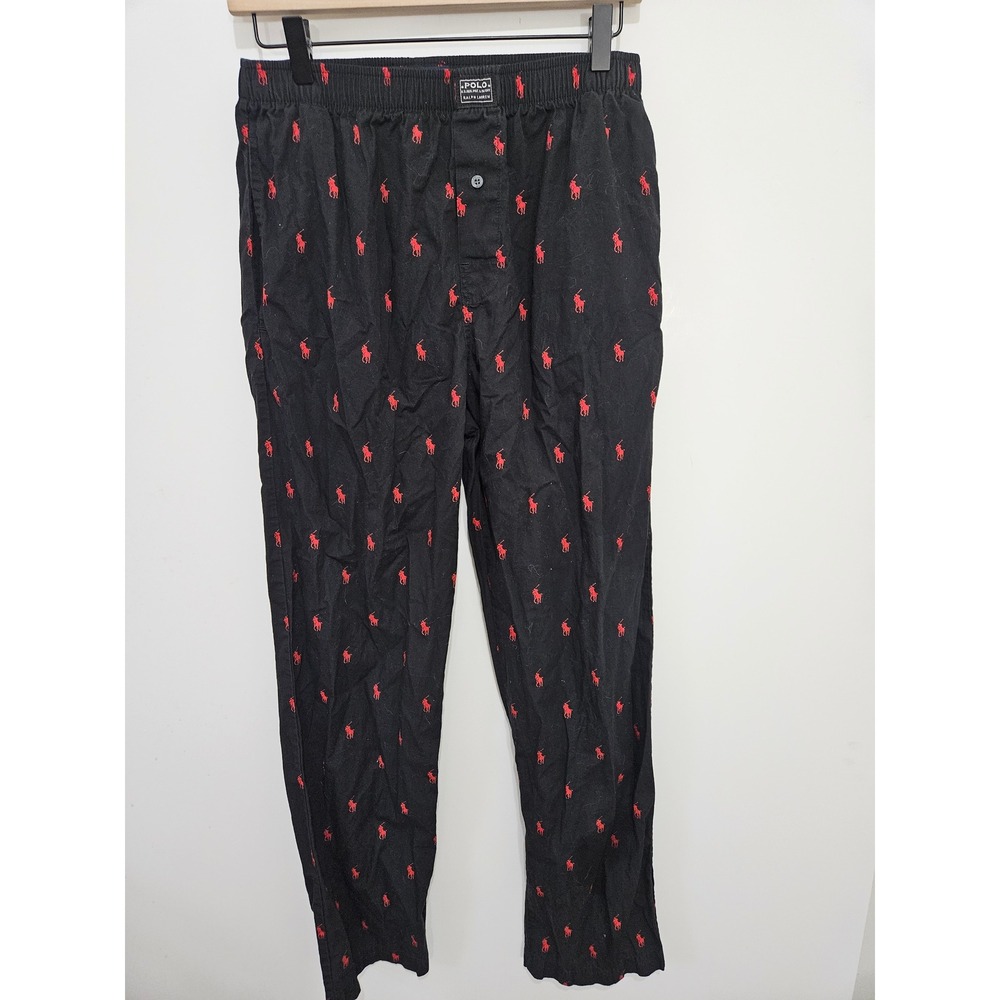 Polo Ralph Lauren Mens Pajama Pants Black Red Pony Logo Cotton Sleepwear Small